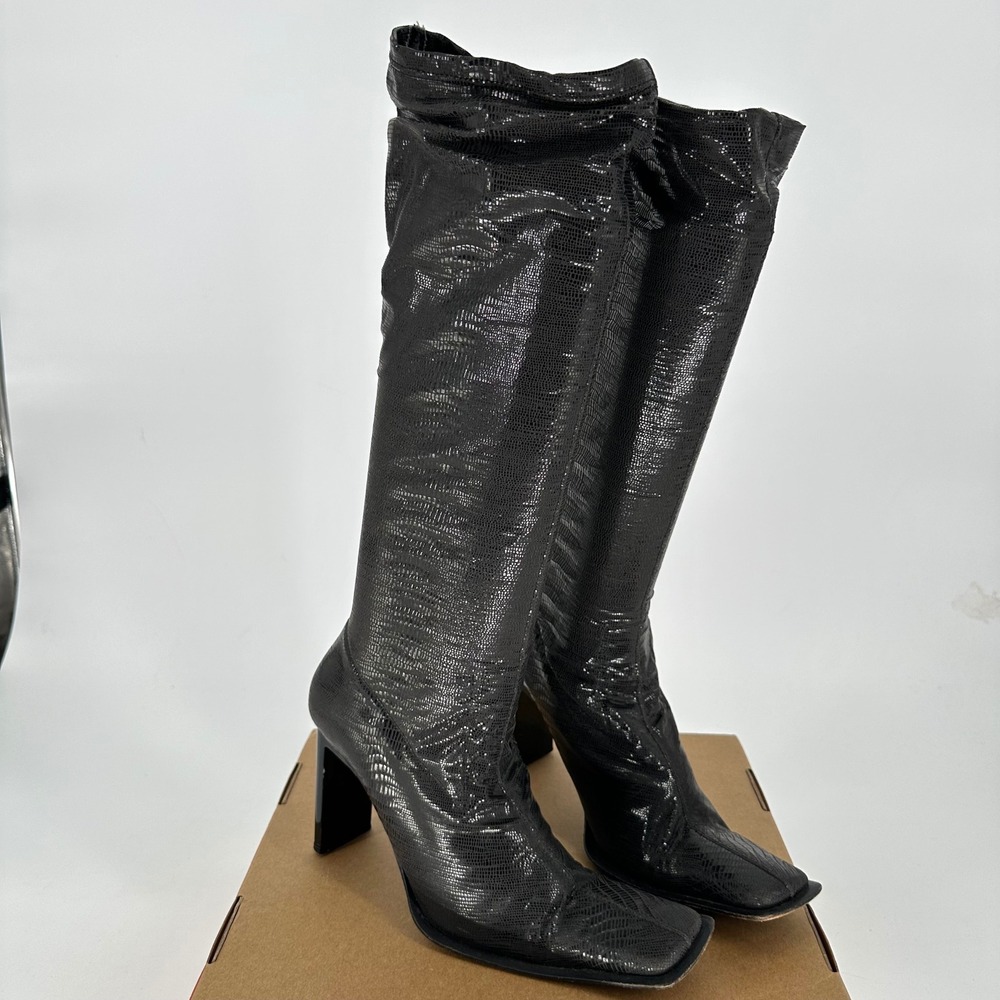 Russell & Bromley Black Embossed Reptile Knee High Stretch Boots Women's 38.5